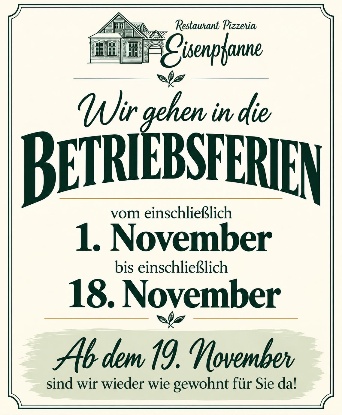 Betriebsferien Restaurant Eisenpfanne Plön
